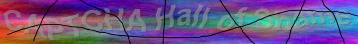 The text "CAPTCHA Hall of Shame" warped, blended over a colored texture background, with black lines drawn over it